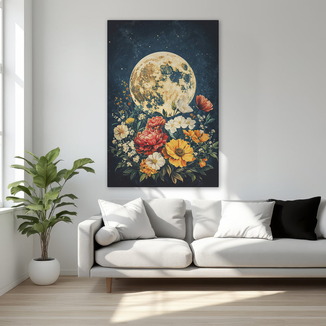 Framed Wall Art featuring a moon and floral design. Romantic style with a dark blue, gold, and warm color palette, perfect for bedroom decor.