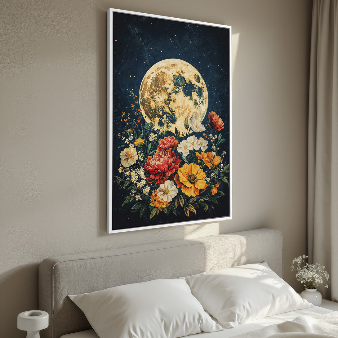Framed Wall Art featuring a moon and floral bouquet in a dark, moody style with warm, vibrant colors. Perfect bedroom decor!