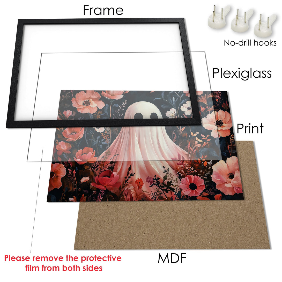 Framed Poster featuring a ghost in floral art. Dark, moody style with a pink and red color palette. Ready to hang!