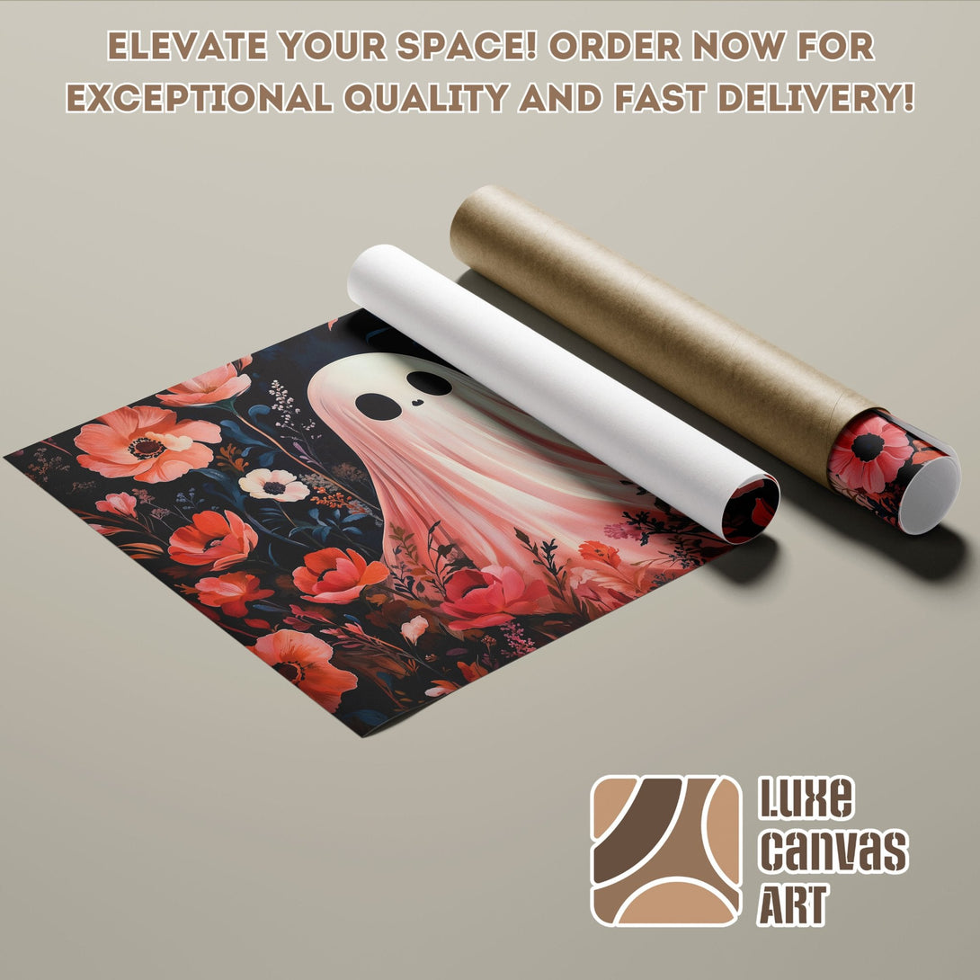Poster Roll featuring a ghost and floral design, with a dark, moody color palette.