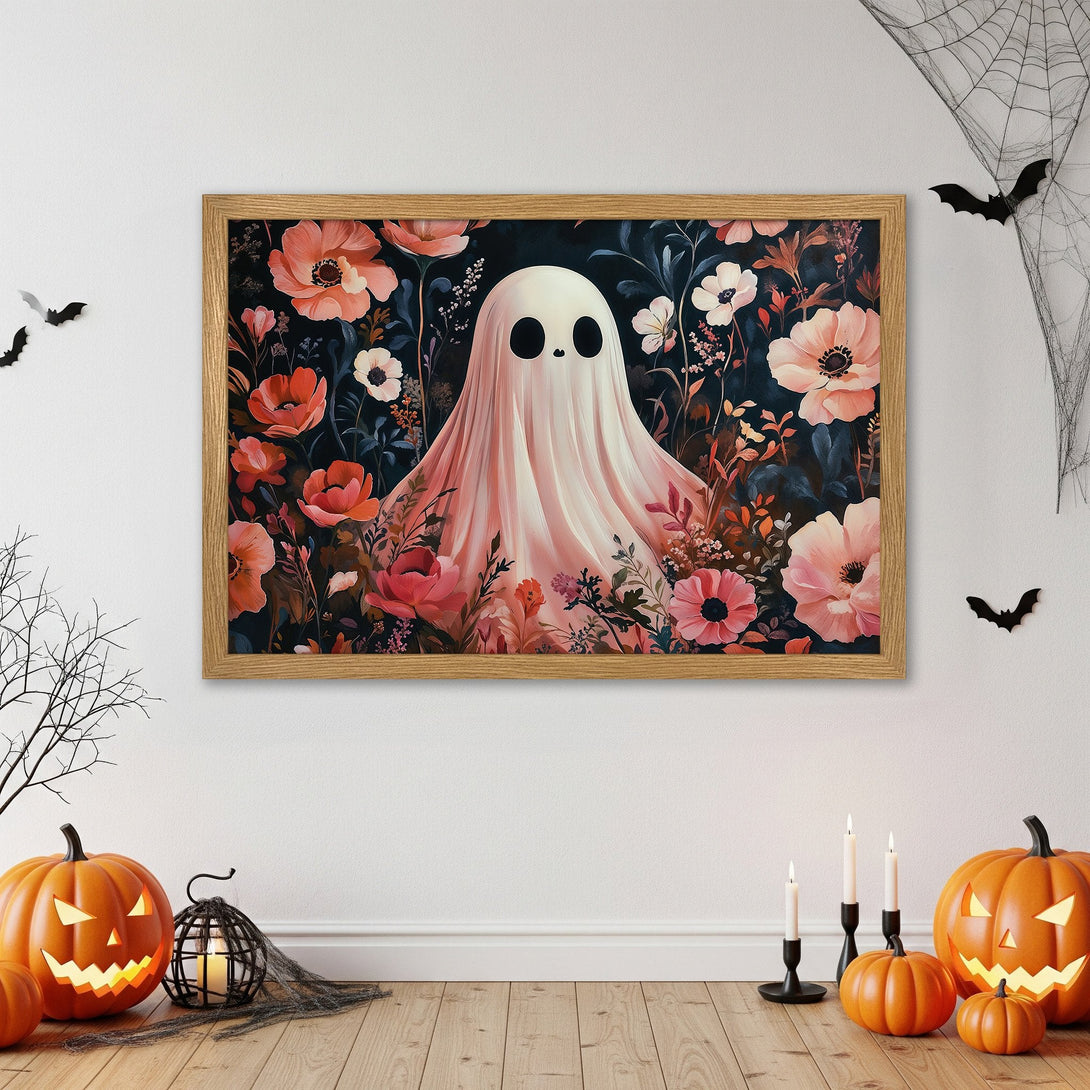 Framed Poster featuring a whimsical ghost in a floral garden, with a dark, moody color palette. Perfect Halloween decor!