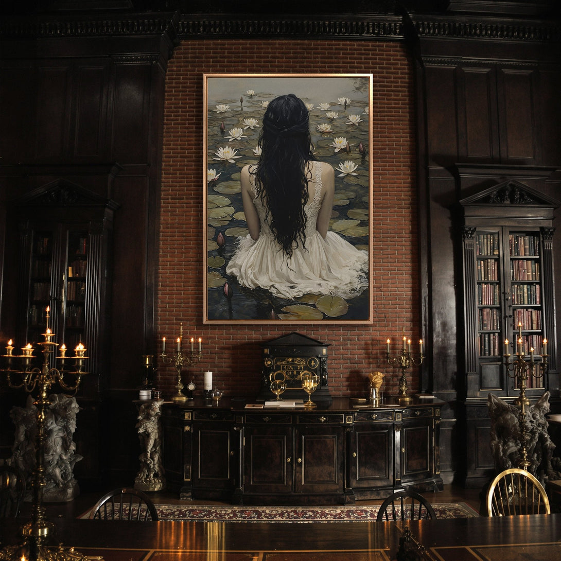 Framed Wall Art: Elegant woman in white dress on canvas print. Moody, romantic art with cool blues, greens, and warm brick tones. Perfect for a classic interior.