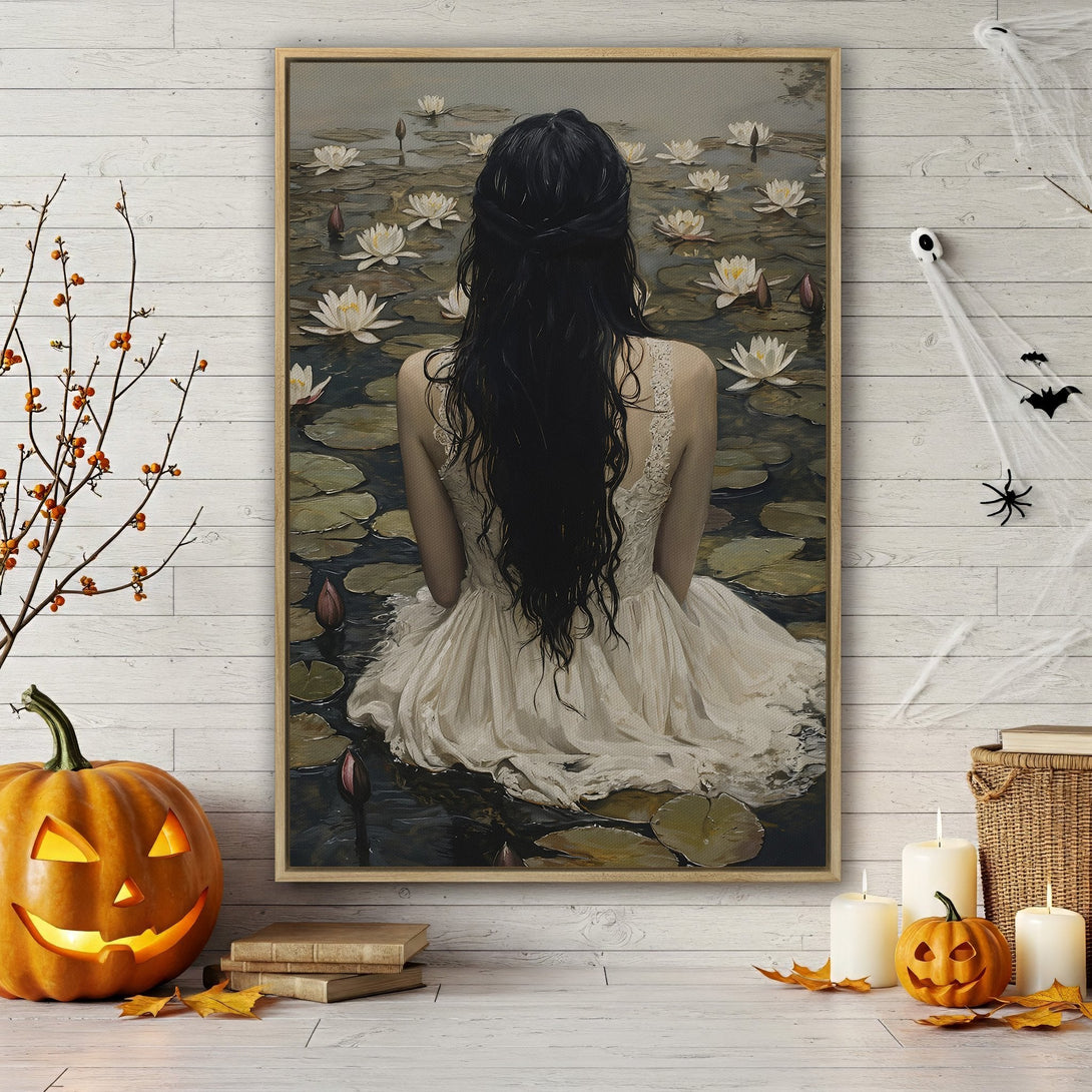 Framed Wall Art: Woman by lake, impressionist style, neutral palette. Perfect for adding a touch of elegance to your home decor. Shop now!
