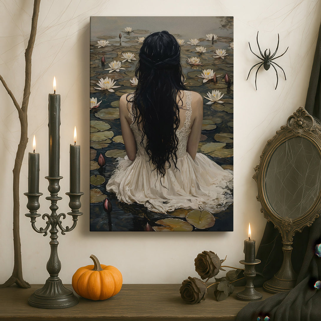 Framed Wall Art featuring a woman on a lily pad in a serene, muted color palette. Perfect for adding a touch of elegance to any interior.