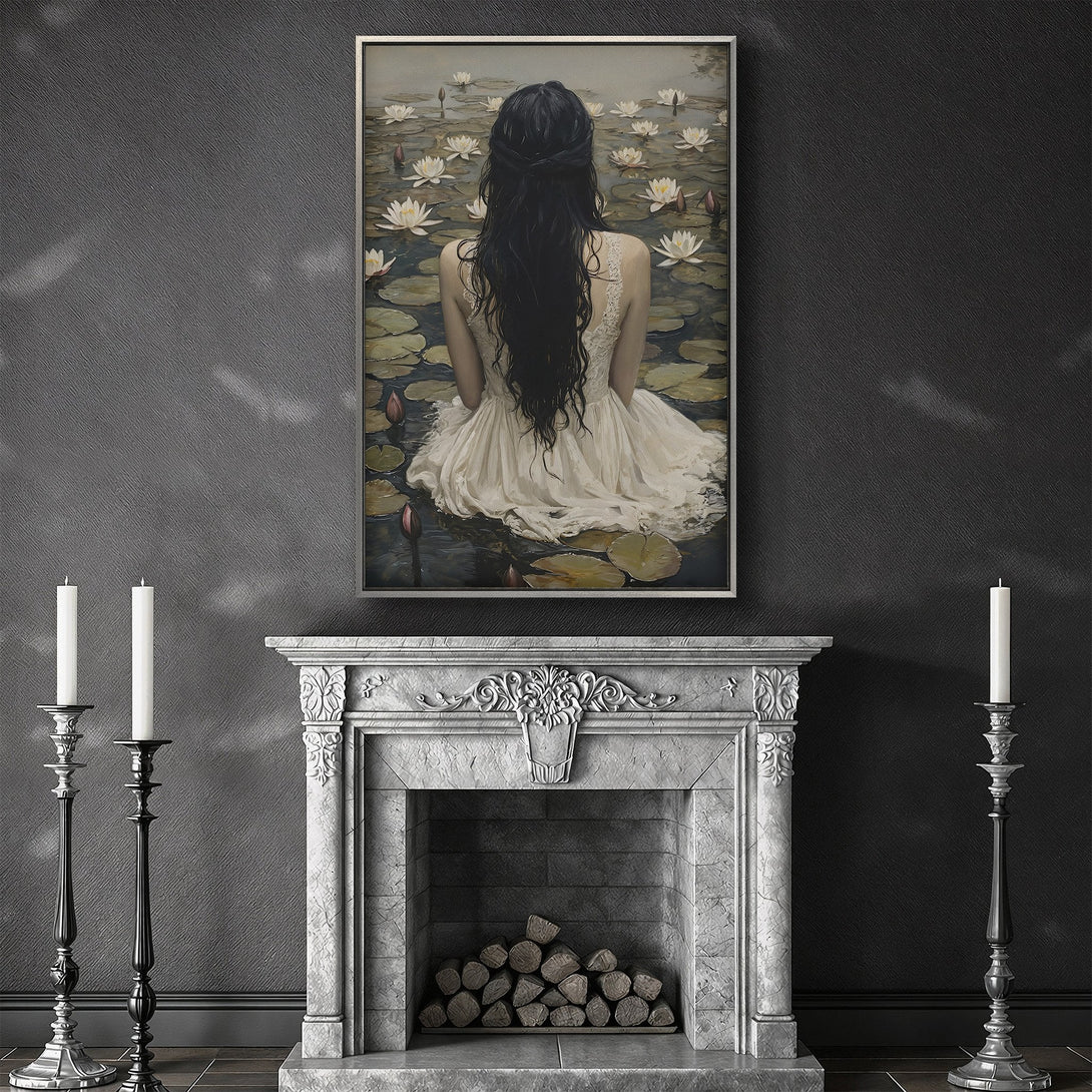 Framed Wall Art: Woman in white dress on a lake with lily pads, soft color palette, perfect for adding a touch of elegance to any room.