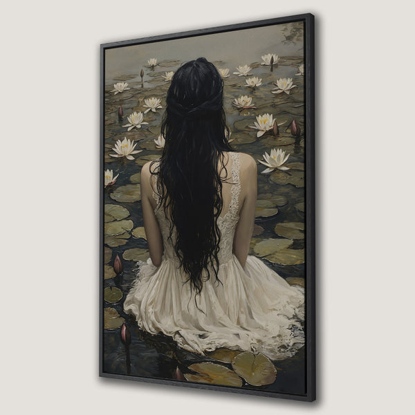 Framed Wall Art: Serene woman in white dress on a lake, surrounded by lily pads. Soft, muted color palette. Perfect for a tranquil space.