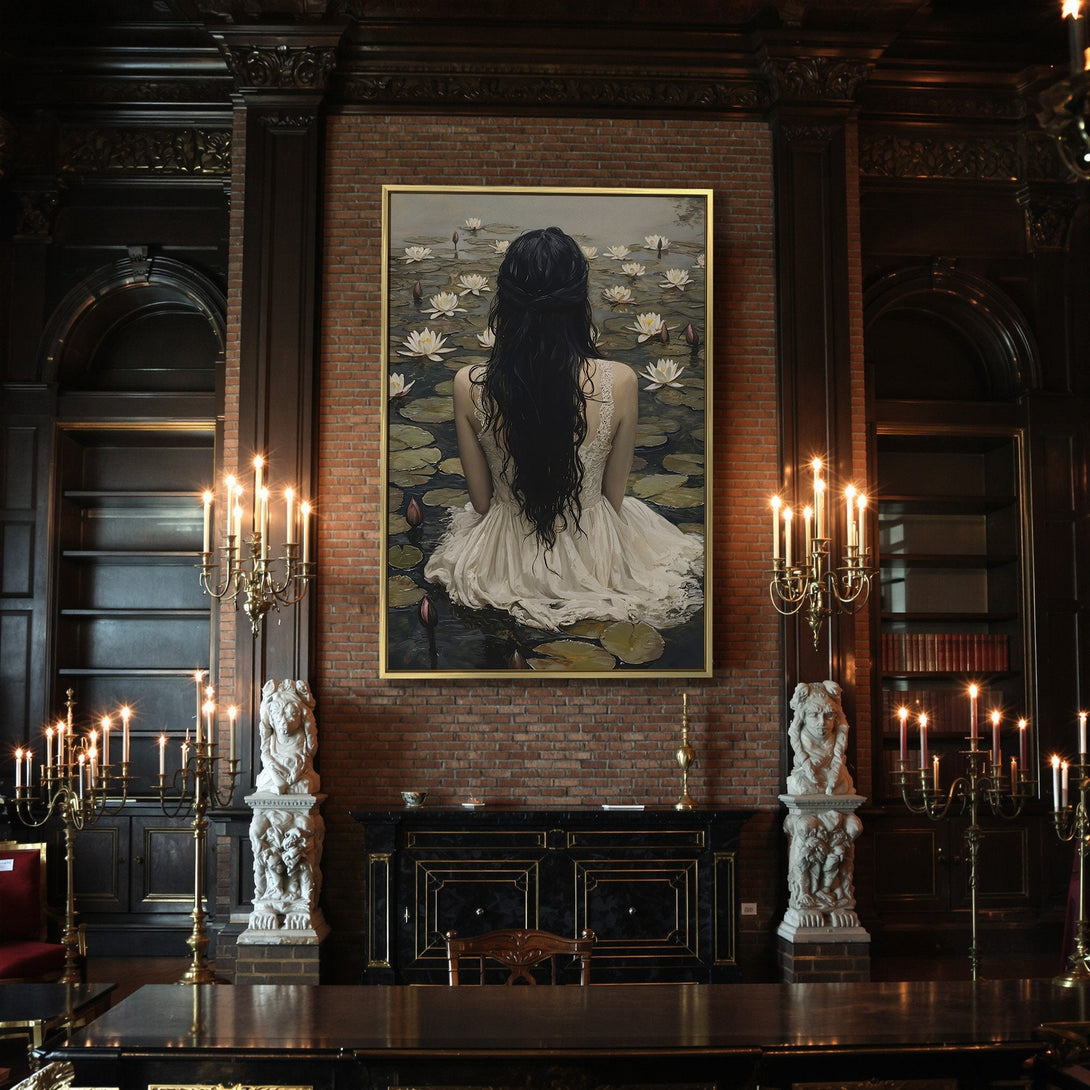 Canvas Print of woman by water, moody art. Neutral tones with pops of orange & black. Perfect for gothic decor.