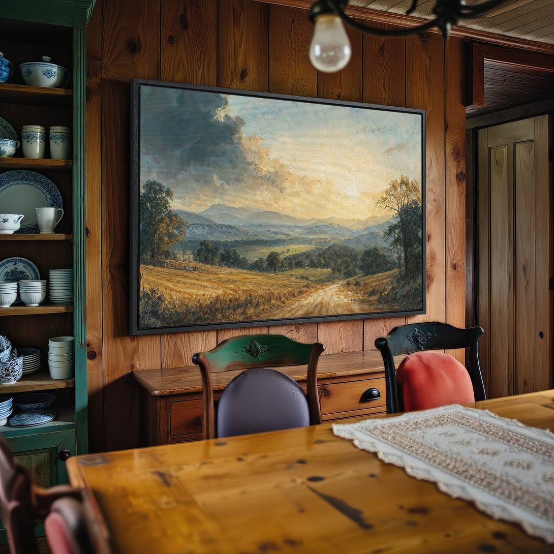 Framed Wall Art: Landscape Canvas Print in a cozy dining room. Featuring a classic painting with warm, earthy tones and a tranquil countryside scene.