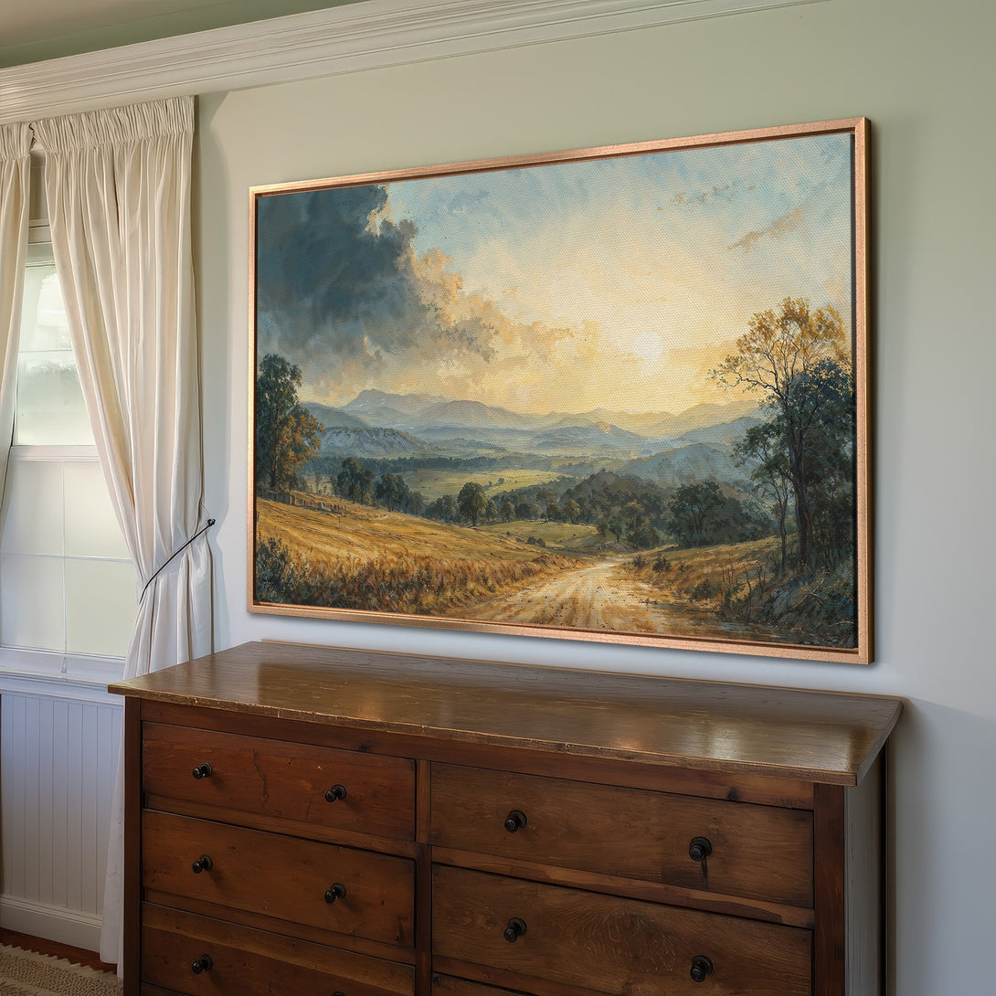 Framed Wall Art: Landscape Canvas Print with warm sunset colors, featuring a serene country scene. Perfect for adding a touch of elegance and nature to your home.