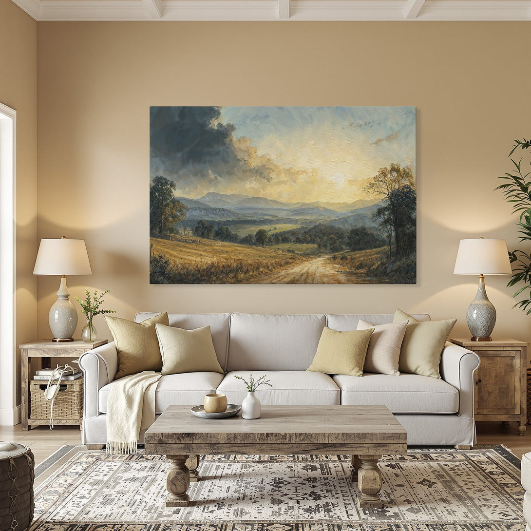 Framed Wall Art: Landscape painting in warm tones. Classic style canvas print of a serene countryside scene with a sunset. Decorate your home!