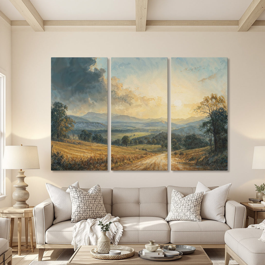 Canvas Print triptych of a serene landscape painting with a warm, golden color palette. Perfect for adding a touch of nature to your living room.