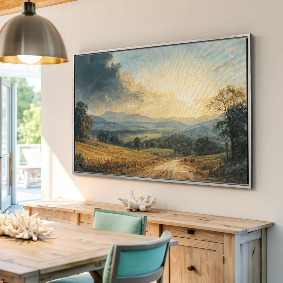 Framed Wall Art: Landscape painting in warm, earthy tones. Rustic style canvas print adds a touch of nature to any room. Shop now!