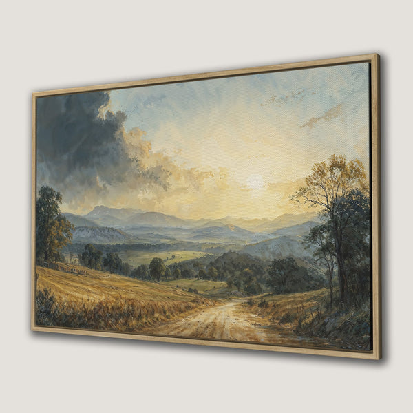 Framed Wall Art: Landscape painting in warm tones. Rustic countryside scene with a dirt road, mountains, and golden light. Perfect for home decor.
