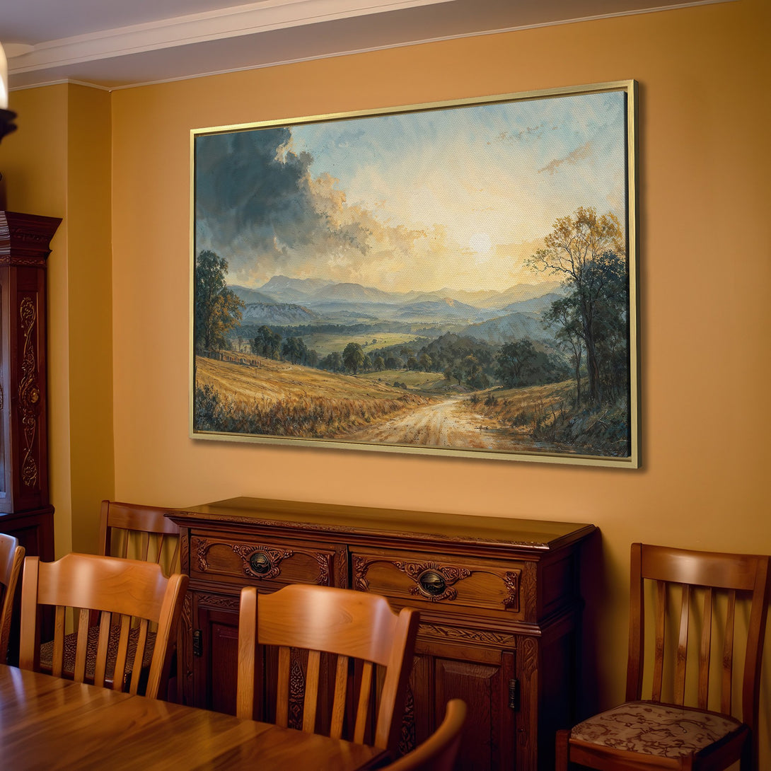 Canvas Print of a landscape painting in a warm, neutral color palette. Rustic style wall art perfect for living room decor.