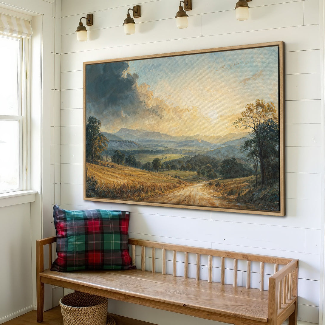Framed Wall Art: Landscape painting in warm, earthy tones. Rustic style Canvas Print with a serene countryside scene, perfect for home decor.