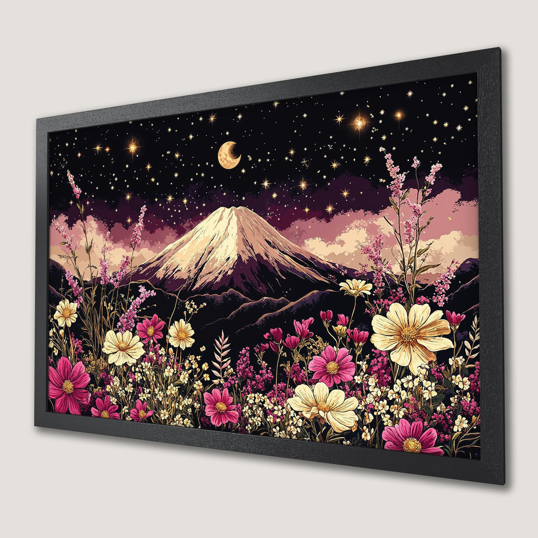 Framed Poster featuring a mountain landscape with flowers under a starry night sky. Beautiful art print in a black frame, perfect for home decor.