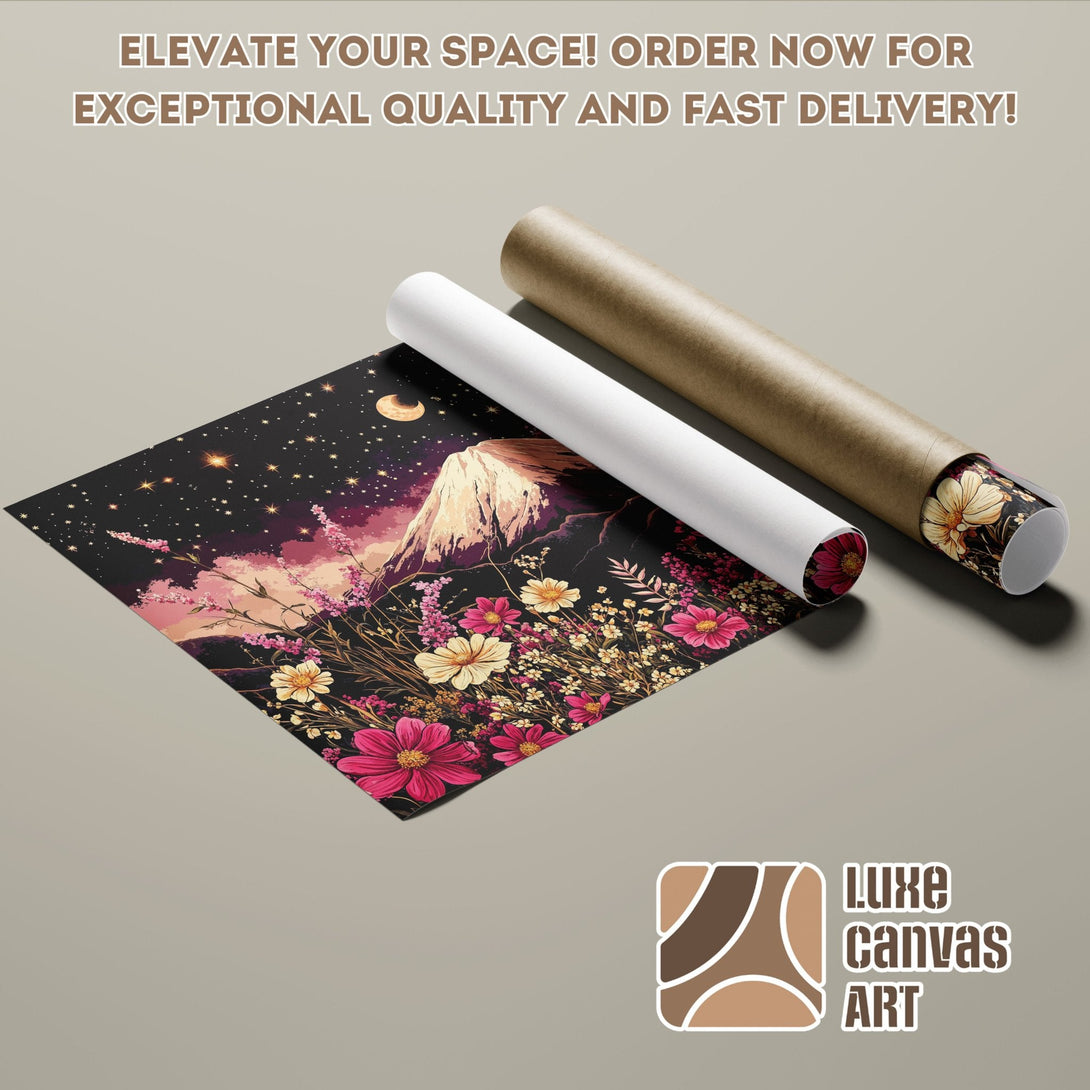 Poster Roll featuring a floral and mountain design in a vibrant pink and black color palette.