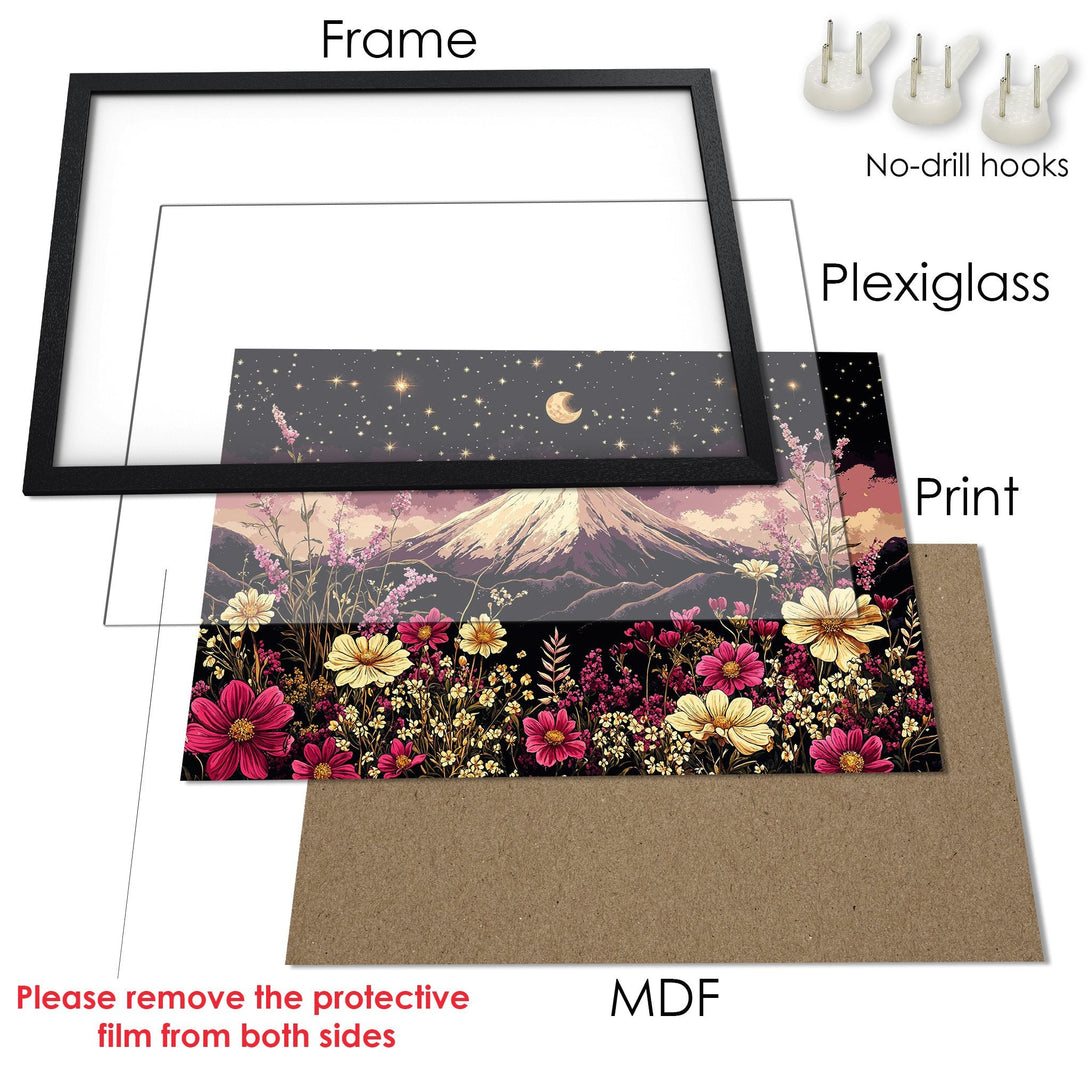 Framed Poster featuring a mountain landscape with flowers, in a vibrant color palette. Perfect wall art for your home!