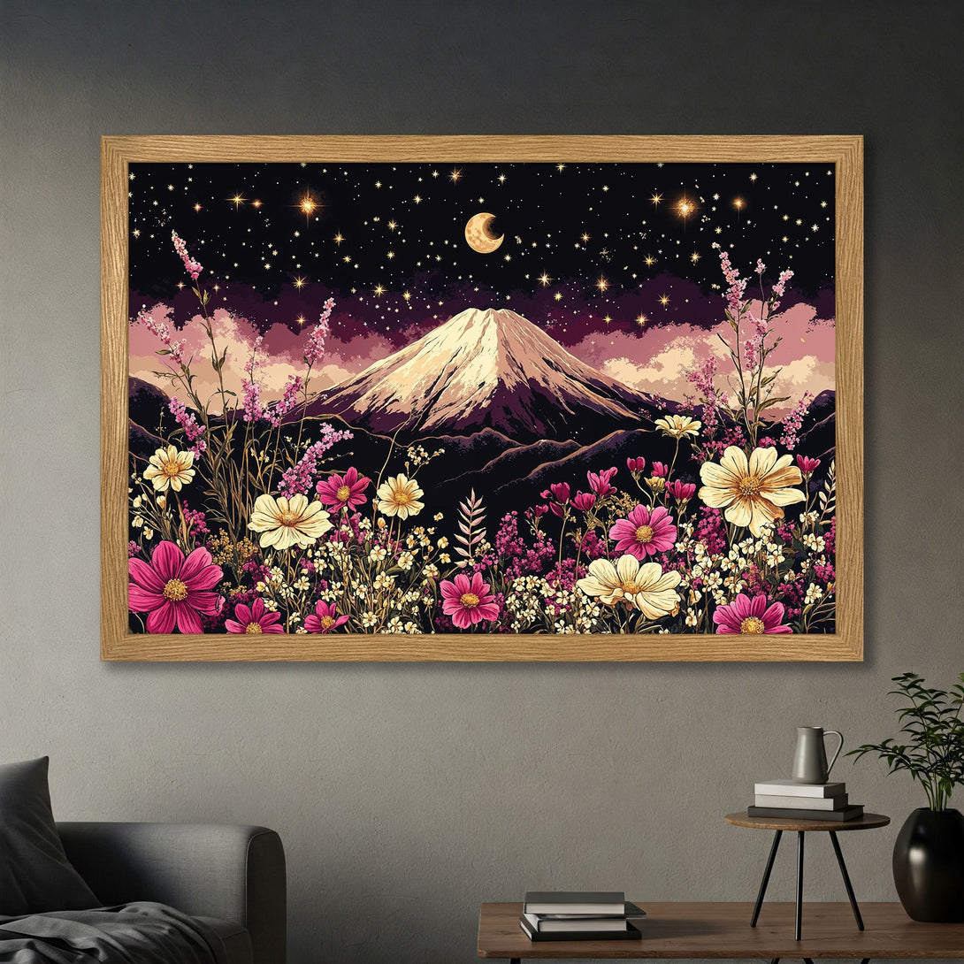 Framed Poster of a mountain landscape with flowers, starry night sky. Whimsical art style, vibrant pink, yellow, and purple palette.
