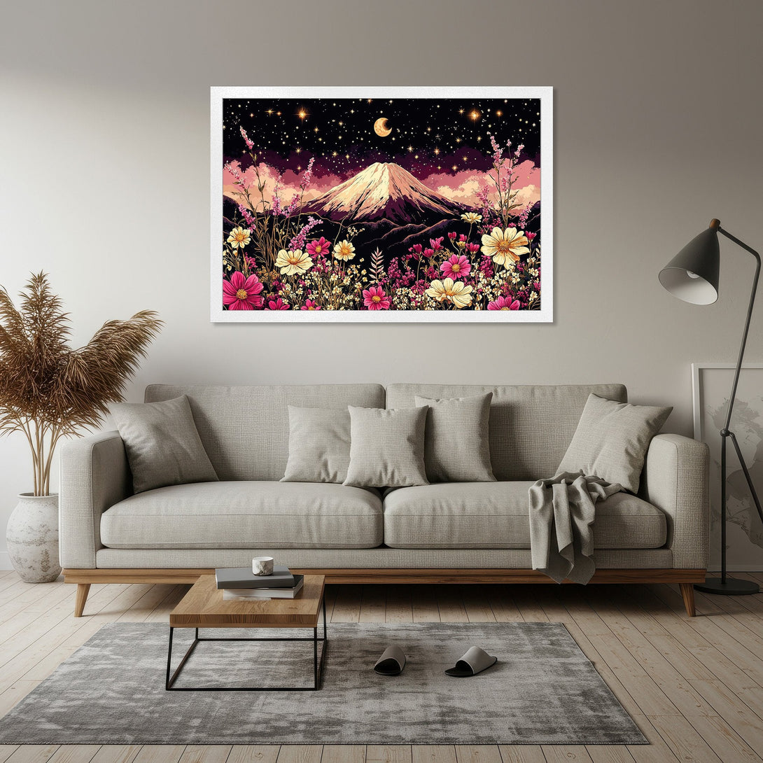 Framed Poster featuring a mountain landscape with flowers, in a vibrant, artistic style. Color palette includes pinks, yellows, and dark blues.