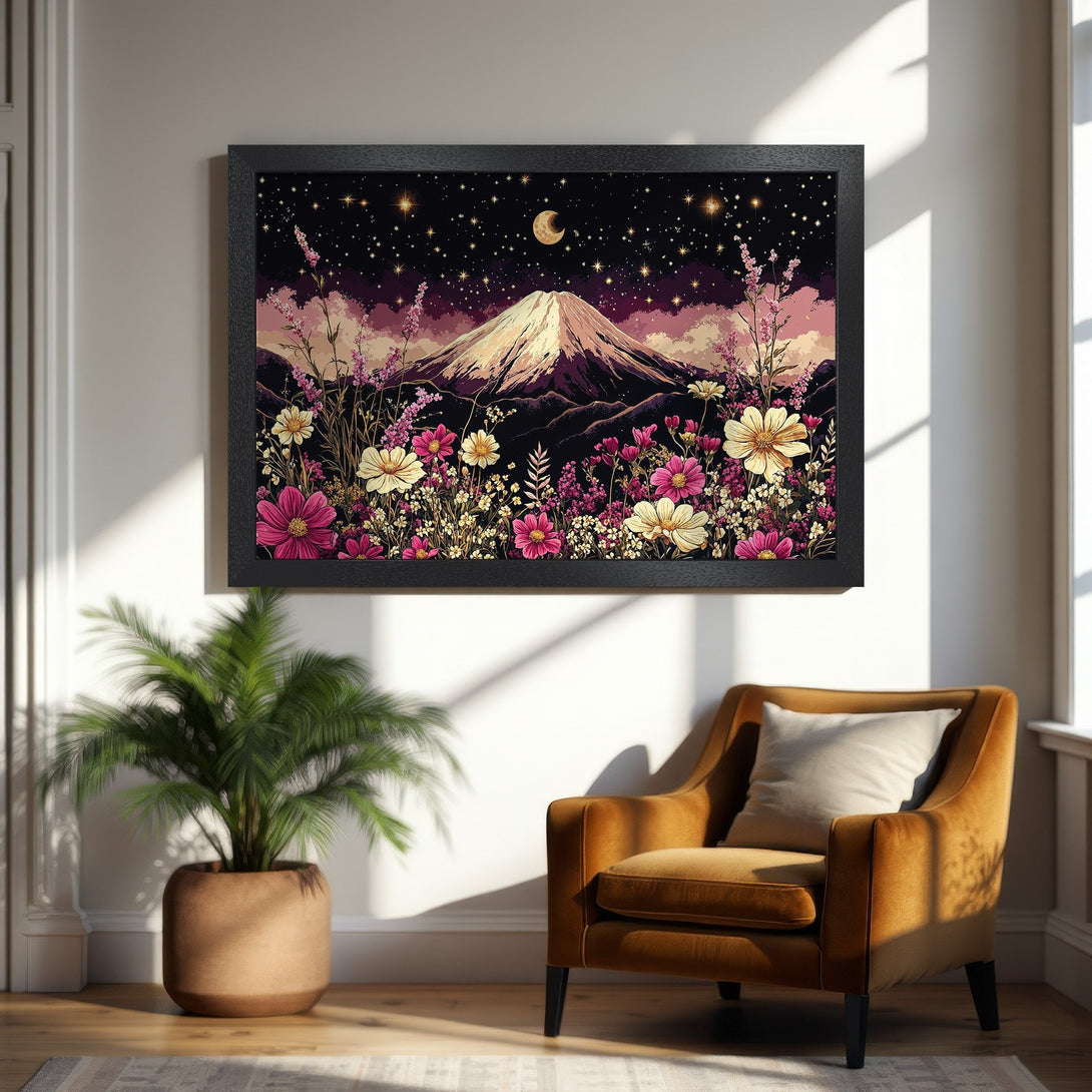 Framed Poster featuring a mountain landscape under a starry night sky with flowers. Artistic style, rich purple & pink palette.