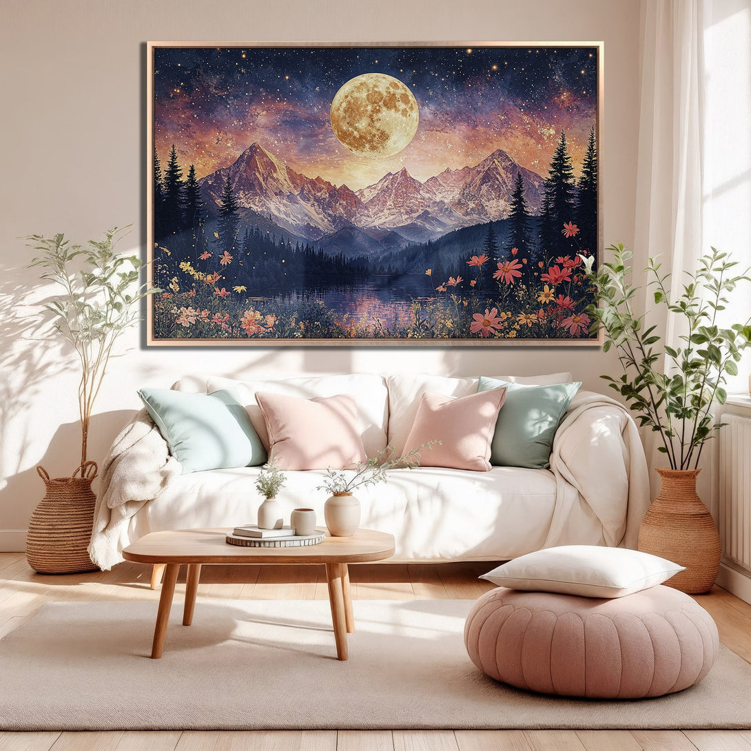 Framed Wall Art: Majestic mountain landscape with a full moon, stars, and vibrant colors. Perfect for adding a touch of nature's beauty to your home.