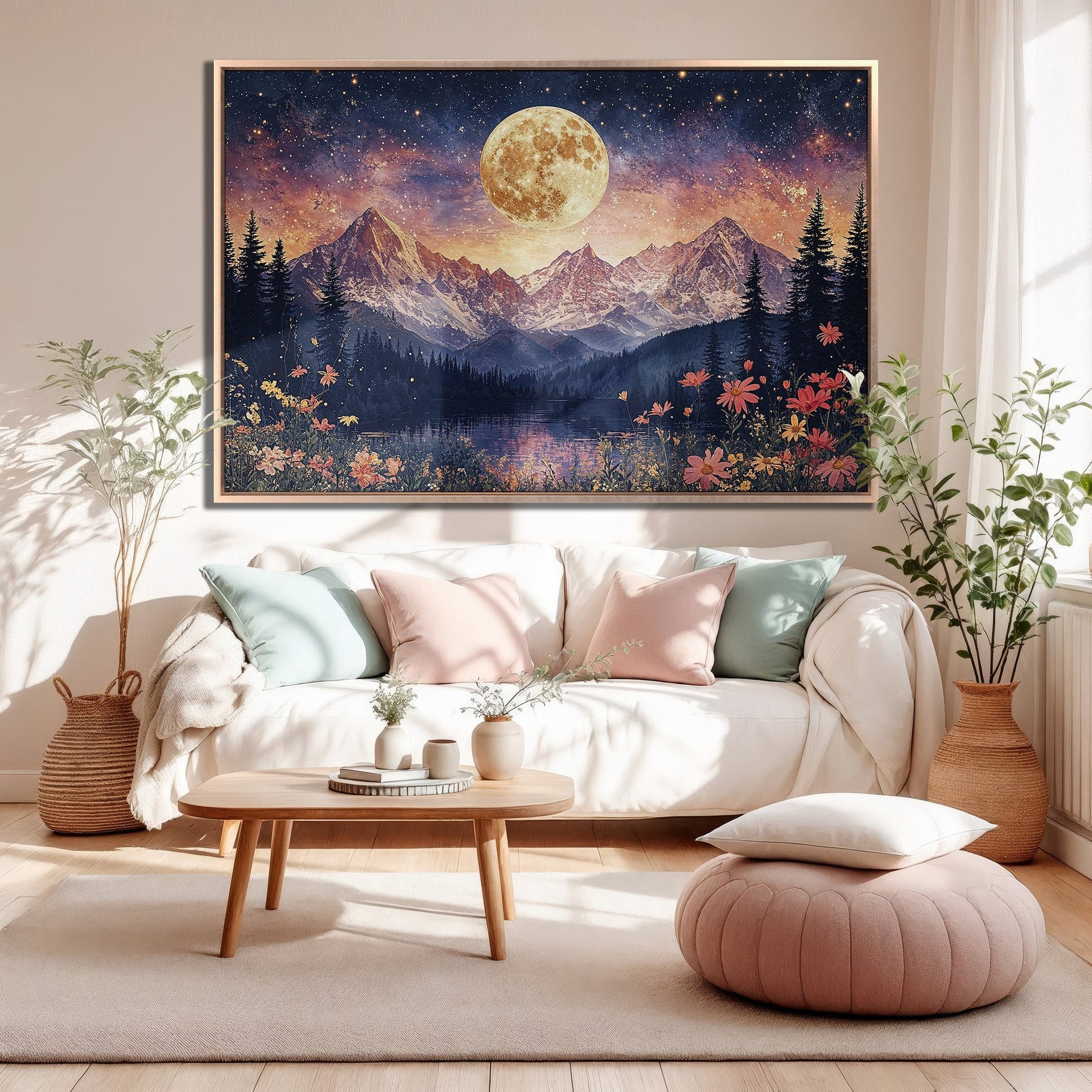 Dreamy Moonlit Mountain Landscape Canvas Print for Bedroom