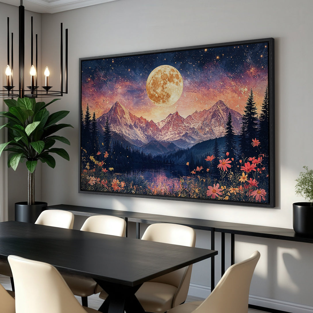 Framed Wall Art: Mountain landscape Canvas Print with a dreamy, celestial style. Features a vibrant color palette of blues, oranges, and yellows. Perfect for any room!