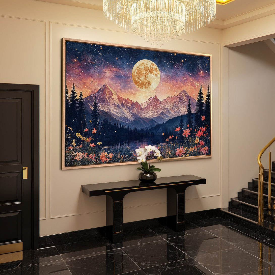 Framed Wall Art: Majestic mountain and moon landscape in warm, dreamy colors. Perfect canvas print for a stunning interior.