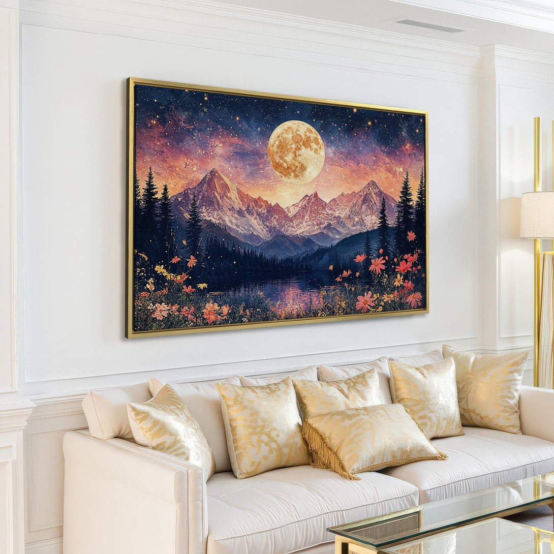 Canvas Print: Mountain landscape with moon, dreamy watercolor style. Blue, orange, and pink color palette. Perfect for living room decor.