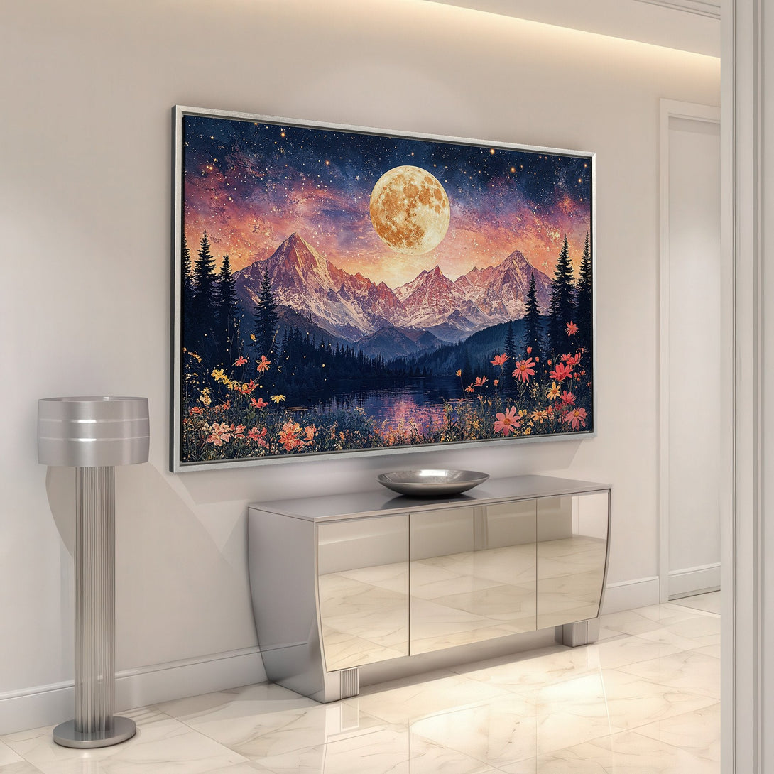 Framed Wall Art of a moonlit mountain landscape in warm, vibrant colors. Perfect for adding a touch of nature and serenity to your home decor.
