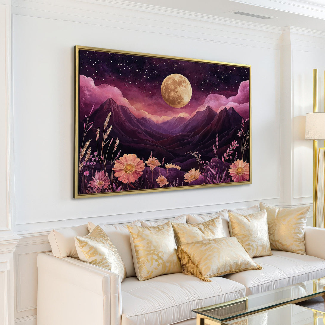 Canvas Print of a moonlit mountain landscape in a dreamy, watercolor style. Features a purple and gold color palette, perfect for wall decor.