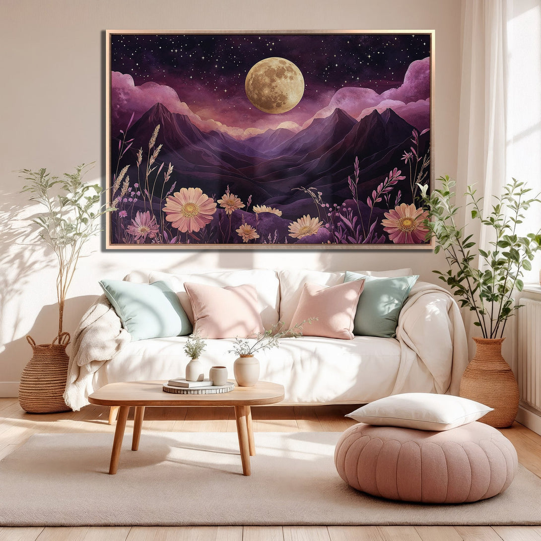 Framed Wall Art: Moonlit mountain landscape Canvas Print in purple and pink hues. Perfect for adding a touch of nature-inspired art to your home decor.