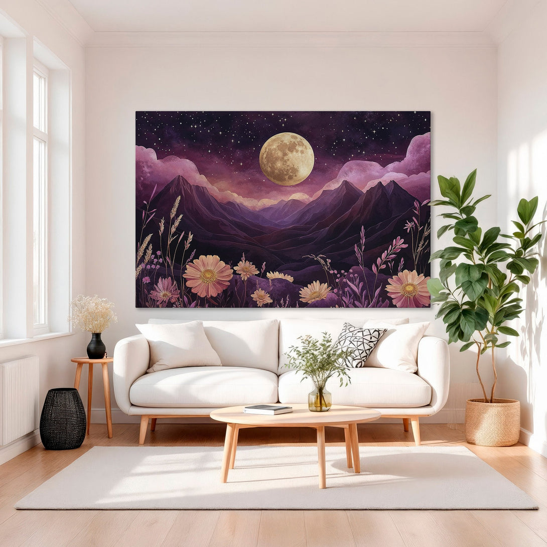 Framed Wall Art: Moonlit landscape canvas print in purple and gold. Stunning celestial art for home decor. Shop now!