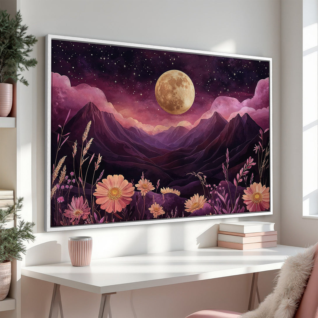 Framed Wall Art featuring a dreamy landscape with a moon, mountains, and flowers in a vibrant purple and peach color palette. Perfect for adding a touch of magic!