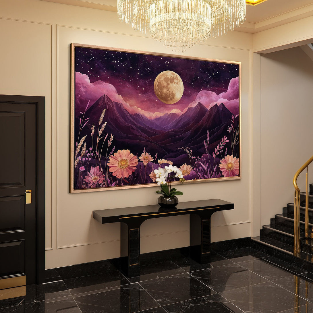 Framed Wall Art: Majestic moonlit mountain landscape in purple & pink hues. Perfect for adding a touch of elegance to your home decor.