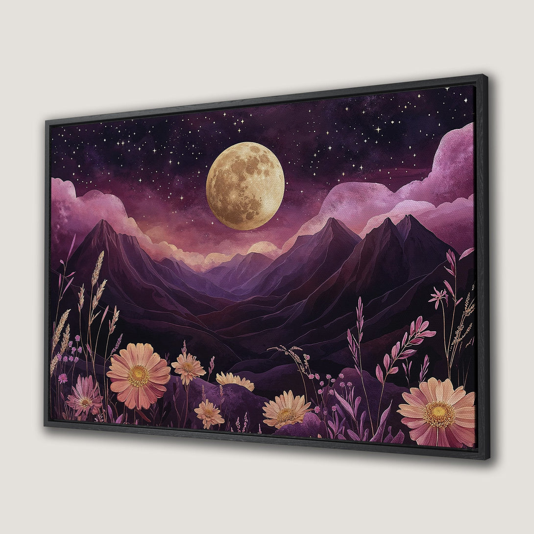 Framed Wall Art: Watercolor landscape with moon, mountains, and flowers in a purple and gold color palette. Perfect for adding a touch of magic to your space.