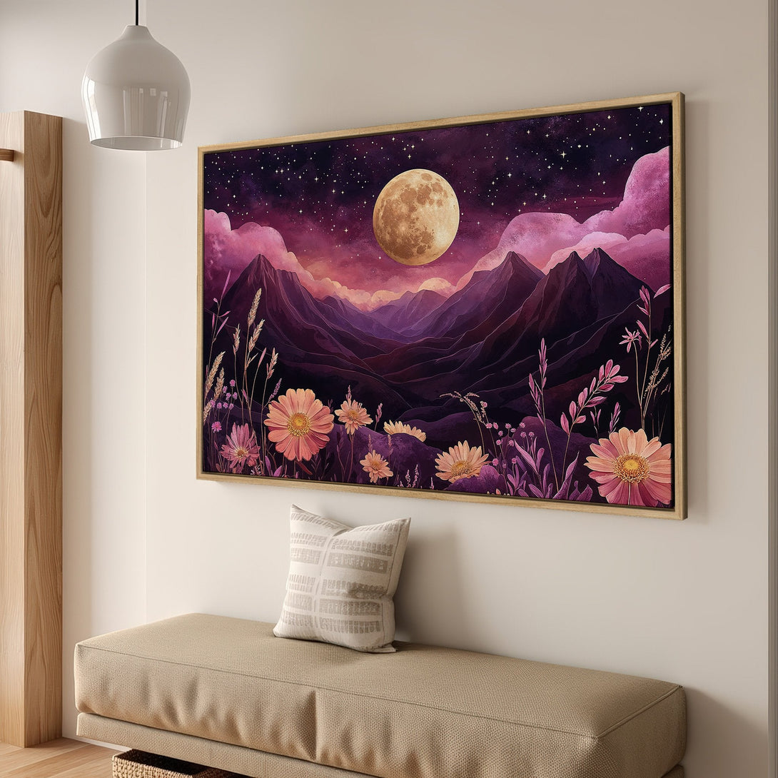 Framed Wall Art: Dreamy landscape Canvas Print with moon, mountains, and flowers. Rich purple and pink hues create a serene, artistic vibe for your home.