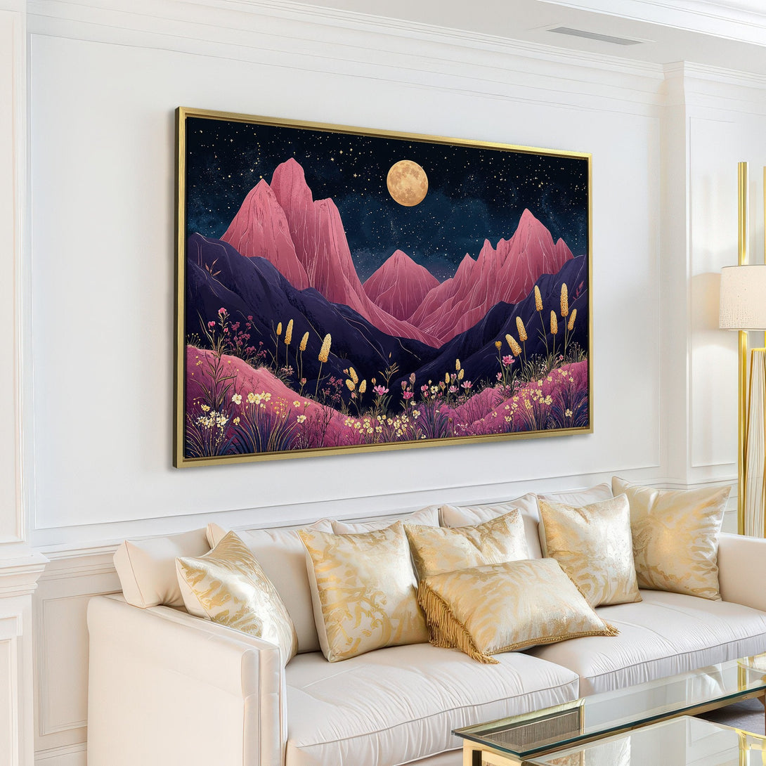 Canvas Print of a stylized mountain landscape with pink and purple hues, perfect for adding a touch of nature to your home decor.