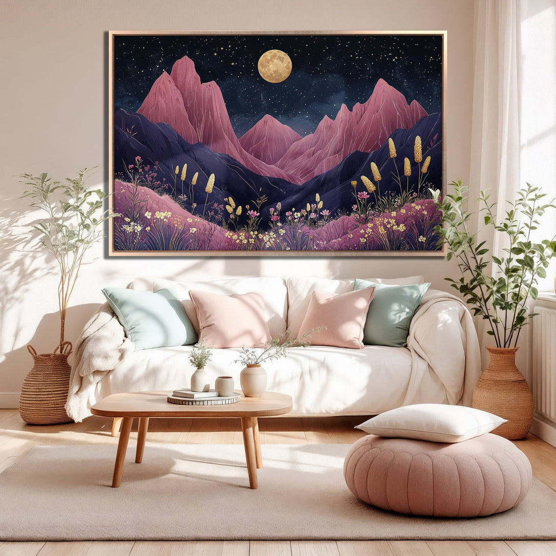 Framed Wall Art: Abstract mountain landscape Canvas Print in pink and purple hues, creating a serene and stylish interior design.