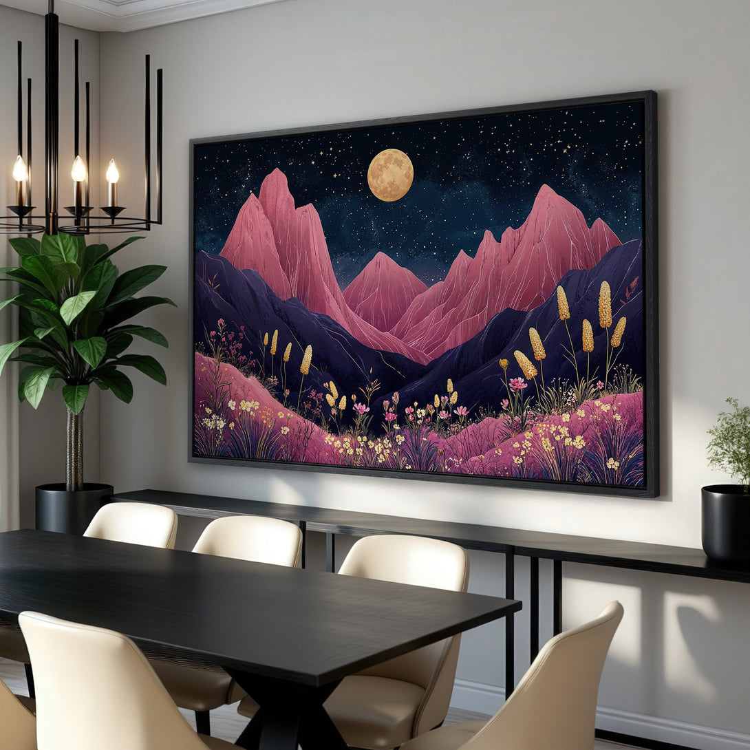 Framed Wall Art: Stunning mountain landscape Canvas Print with pink, purple, and gold hues. Modern artwork for home decor, adding a touch of nature and style.