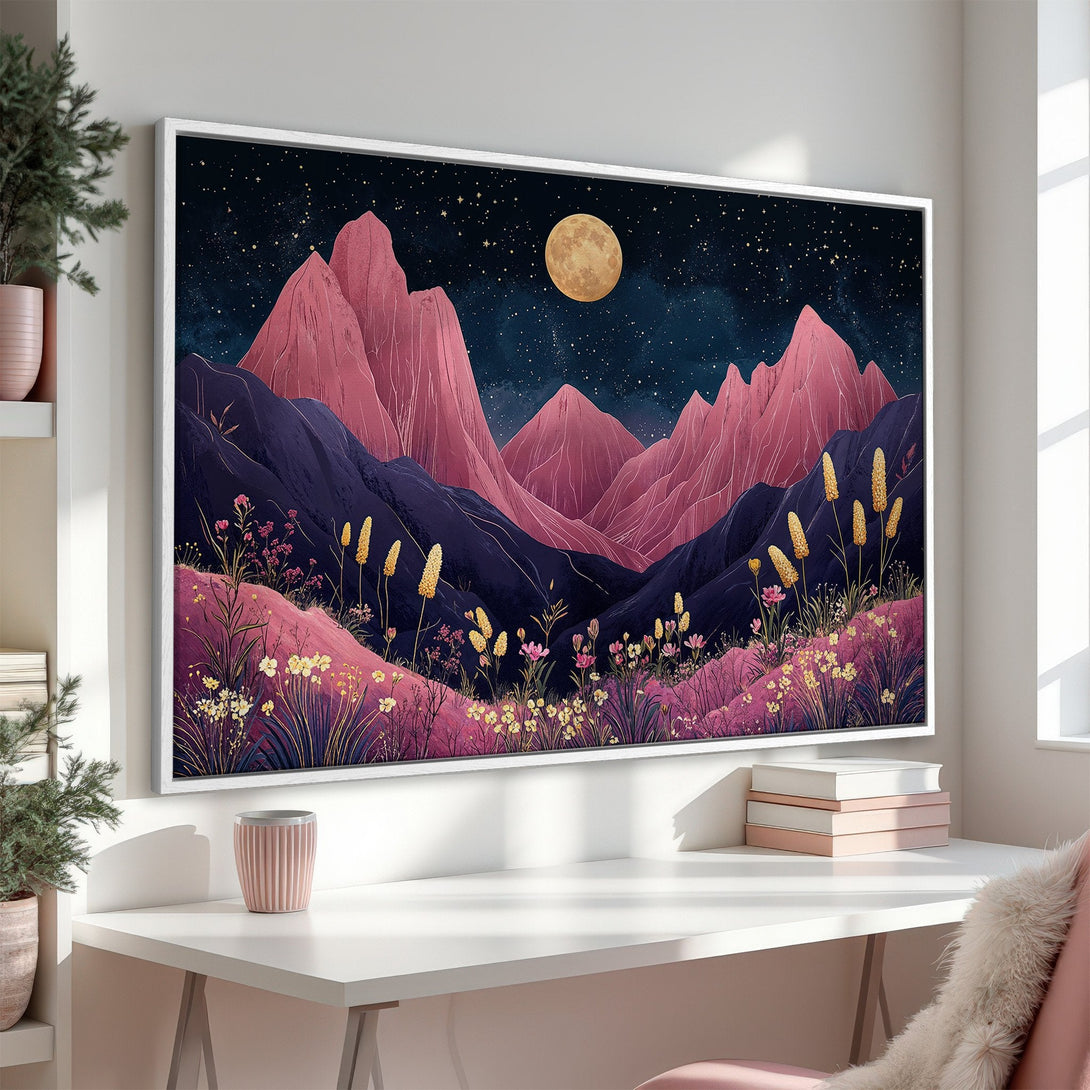 Framed Wall Art: Stunning mountain landscape Canvas Print in pink, purple, and gold. Perfect for adding a touch of nature-inspired art to your home.