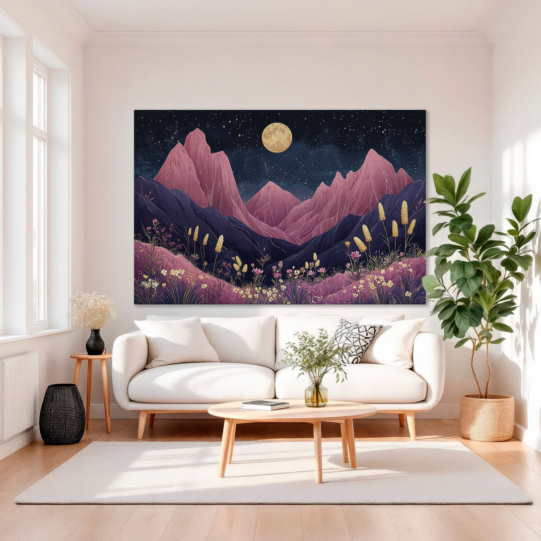 Framed Wall Art: Mountain landscape with moon, vibrant pink & purple hues, modern style. Perfect for living room decor.