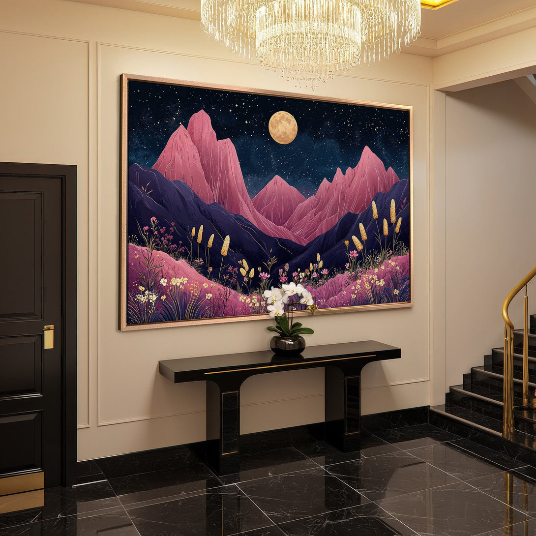 Framed Wall Art: Mountain landscape canvas print in a modern interior. Featuring pink, purple, and gold hues. Elevate your space with stunning wall decor!