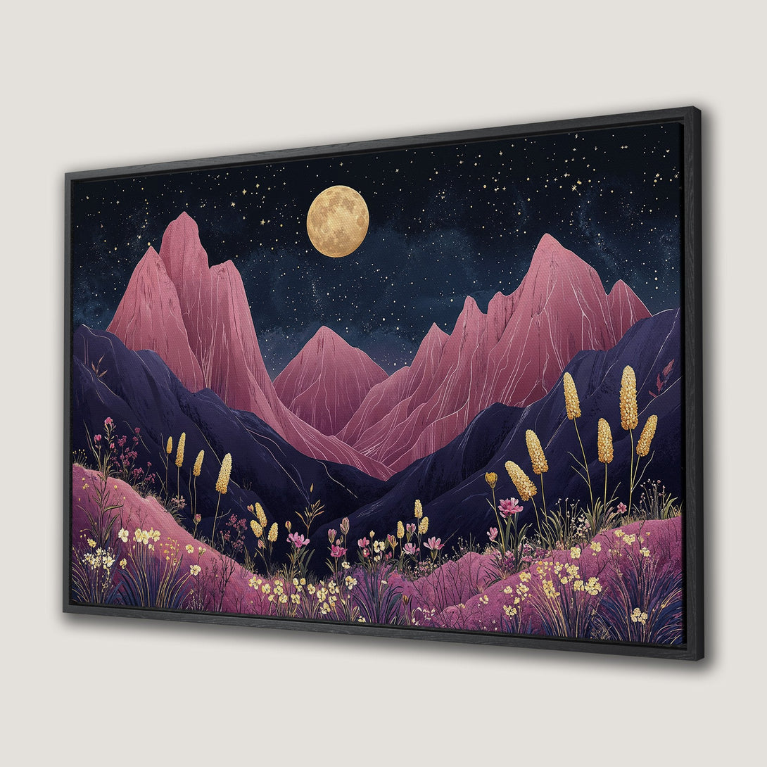 Framed Wall Art: Stunning mountain landscape Canvas Print with pink, purple, and gold hues. Perfect for adding a touch of nature-inspired elegance to your space.
