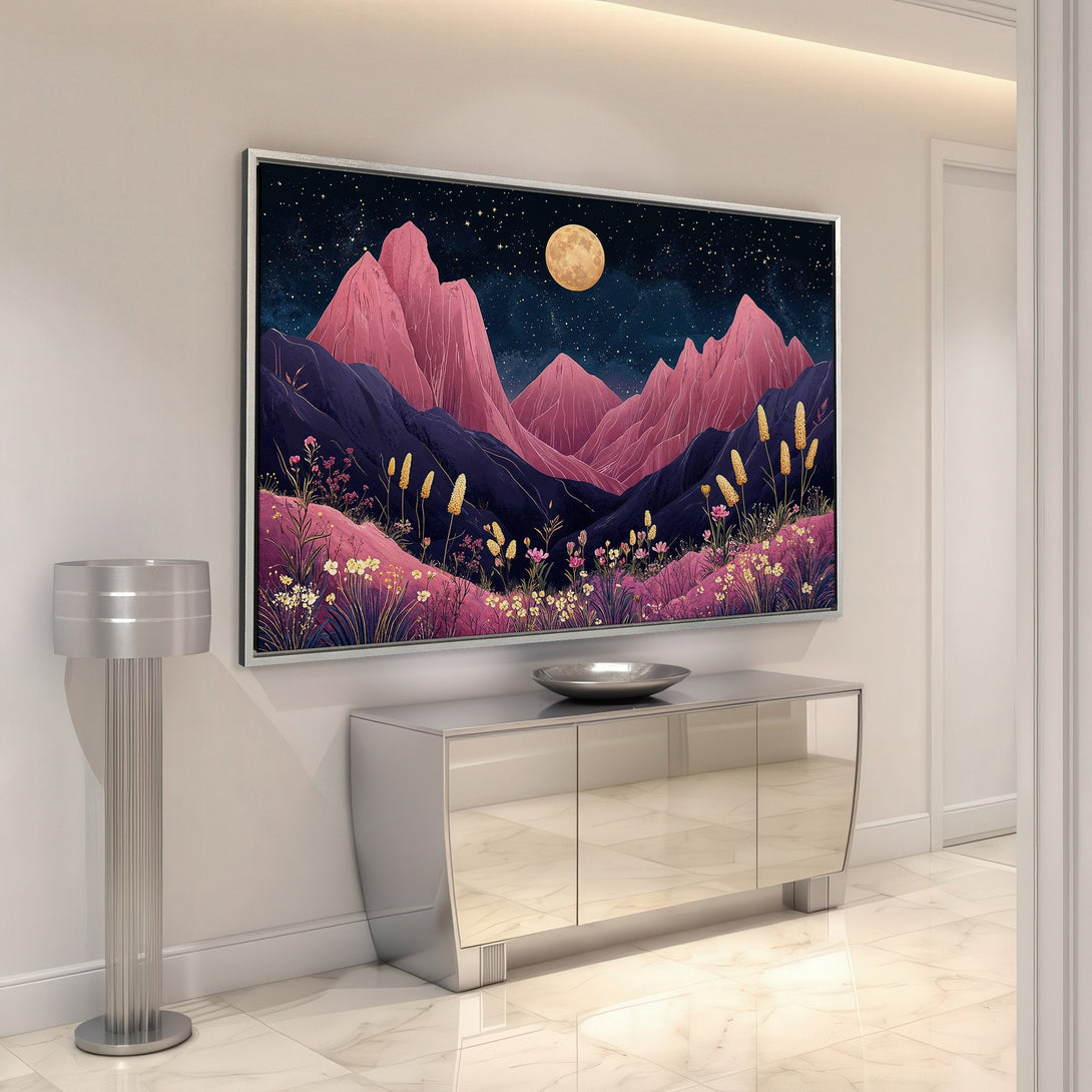 Framed Wall Art: Abstract landscape Canvas Print with pink mountains, dark blue sky, and a full moon. Modern art for home decor.