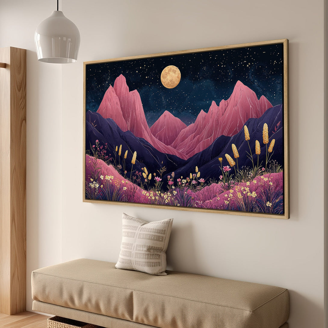 Framed Wall Art featuring a stylized mountain landscape with a full moon. Pink, purple, and blue color palette. Perfect for adding a touch of nature to your home.