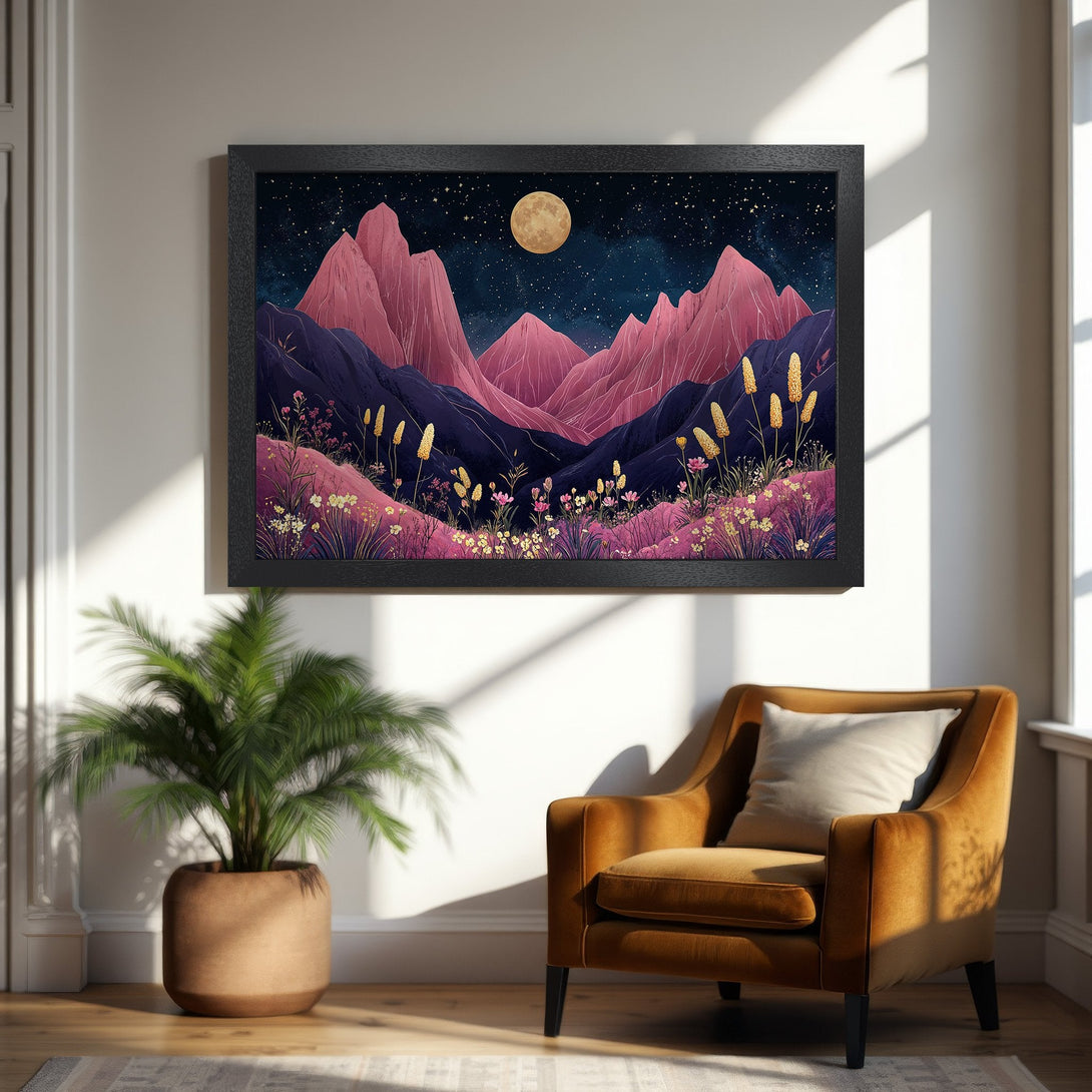 Framed Poster of a mountain landscape with a full moon. Artistic style, pink, purple, and gold color palette. Perfect wall art!