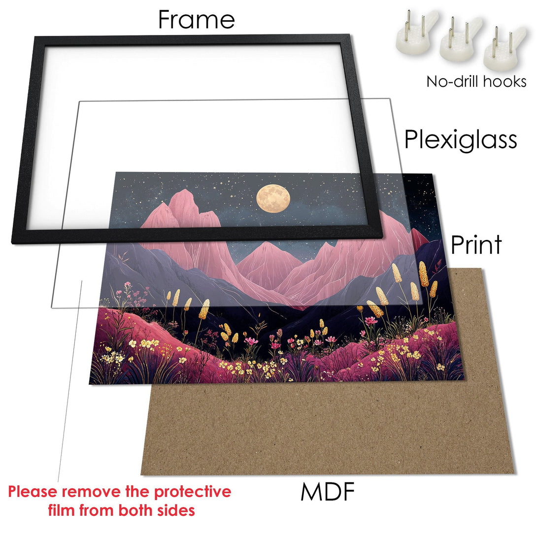 Framed Poster featuring a dreamy landscape with pink mountains, starry sky, and a warm color palette. Perfect wall art!
