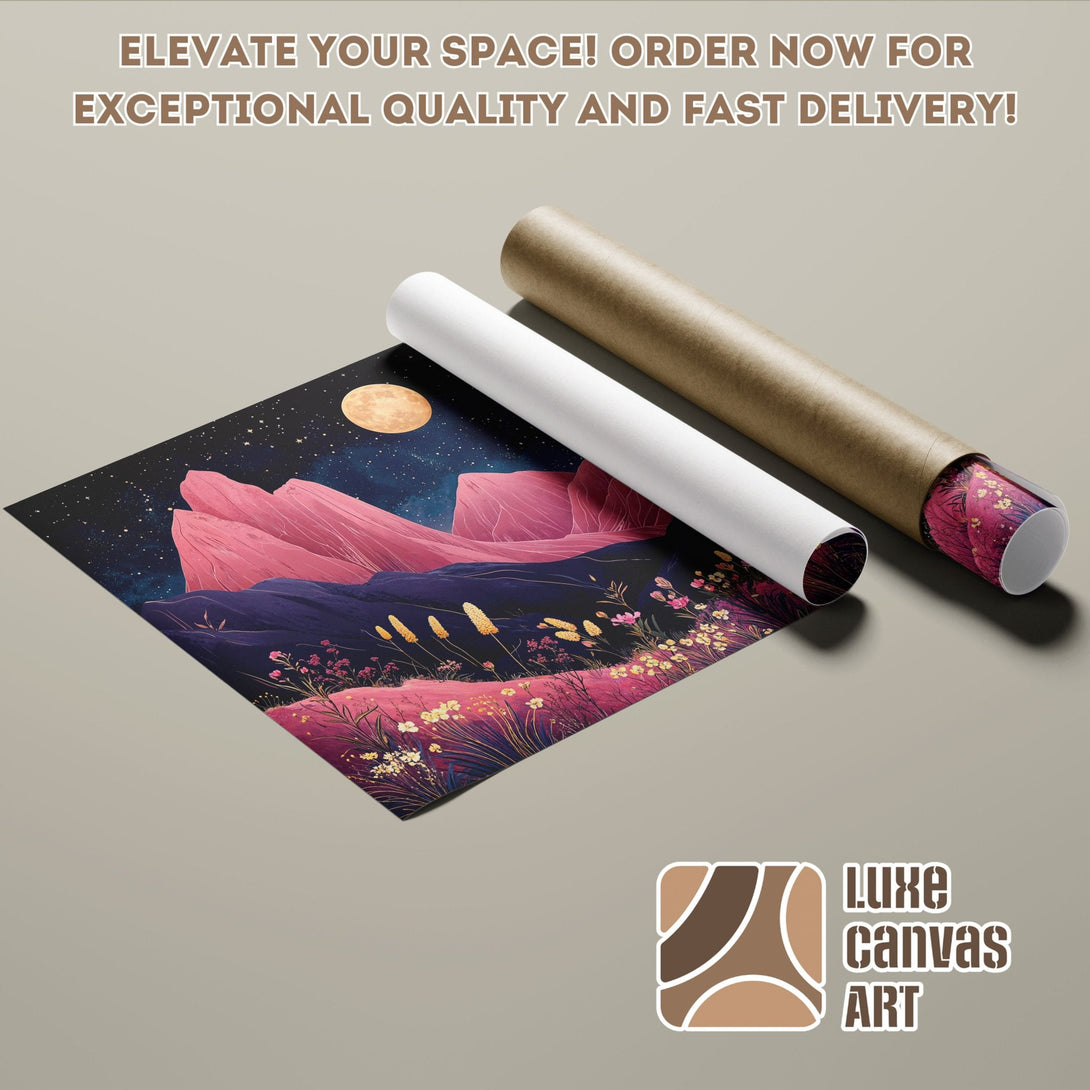 Poster Roll featuring a vibrant landscape with pink mountains, night sky, and a rich color palette.